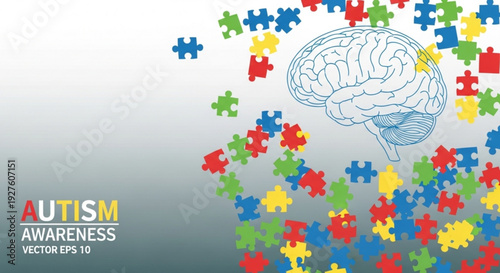 Autism awareness brain with colorful puzzle pieces floating around symbolizing understanding and support