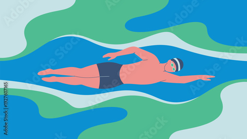 A man swims in a vibrant blue and green abstract pool with a serene expression on his face.