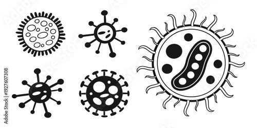 Illustration of various viruses and bacteria under a microscope. Vector