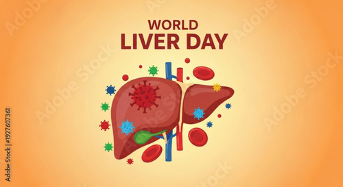 World liver day awareness graphic with human liver and virus particles on orange background