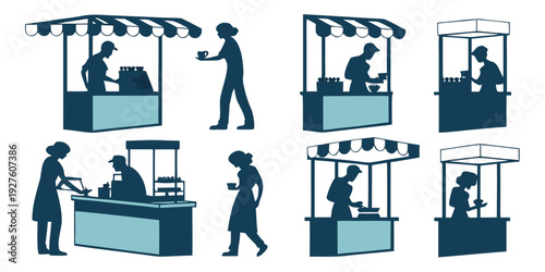 A series of images depicting various scenarios of people interacting with market stalls. Vector