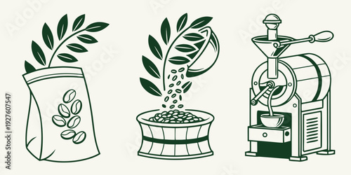 A variety of houseplants in decorative pots and a bird perched on a branch Vector