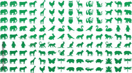 Green animal silhouettes mega collection with mammals, birds, reptiles and insects, vector wildlife icon set isolated on light background for education, infographic, logo, and design projects