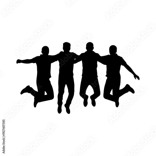 Silhouette of Four Friends Jumping Together in Joy.
