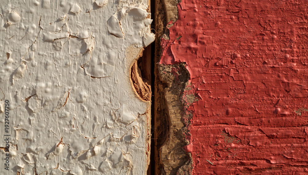 Naklejka premium 異なる剥げ方が並ぶ木ドア塗装の多層色を対比で捉えた接写