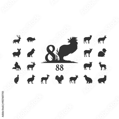Black silhouette farm animals and rooster with numbers 8 and 88