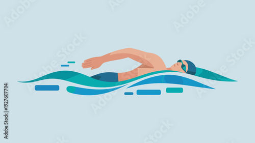 An illustration of a person swimming in the water with a swim cap and goggles on.