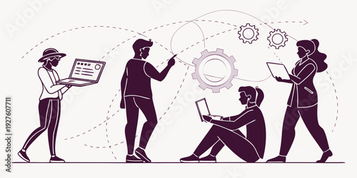 Diverse group of people collaborating and sharing ideas in a creative workspace. Vector