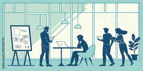 Team of professionals collaborating on a project with a whiteboard in the office Vector