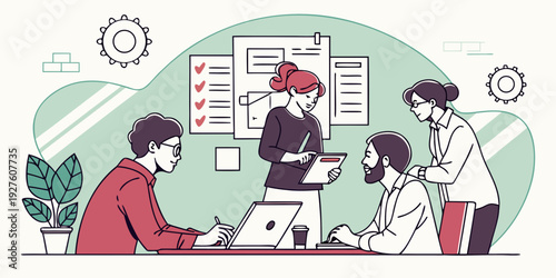 A group of people collaborating on a project in a modern office environment. Vector