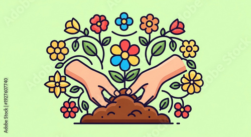 Hands planting colorful flowers in soil with green background symbolizing growth and gardening
