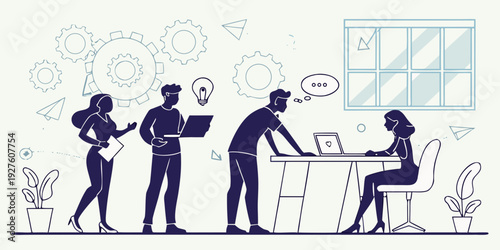 Diverse group of people collaborating and sharing ideas in a creative workspace. Vector