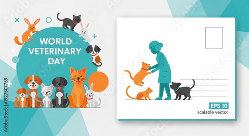 World veterinary day illustration with cat and dog friends and a veterinarian eps 10 scalable vector graphic