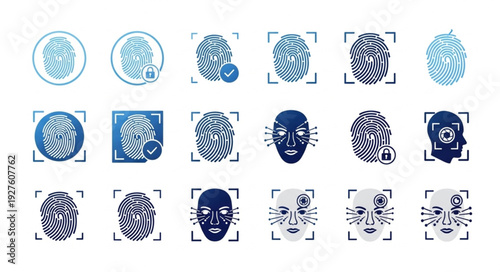 Biometric identification icons representing fingerprint and facial recognition technology.