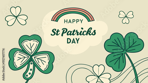 A decorative illustration features swirling green foliage and the text happy st patrick s day in elegant calligraphy high-quality professional detailed modern stylish clean crisp