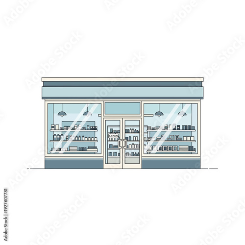 Charming Shopfront with Display Windows and Blue Awning