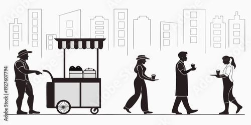 People in line at a food truck, one person is paying while another is receiving food. Vector