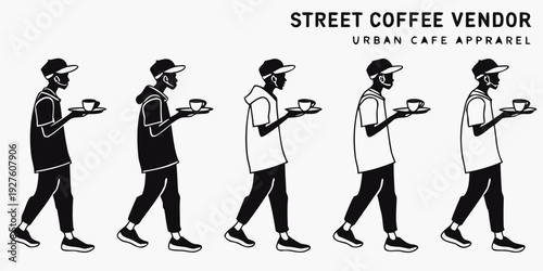 Street coffee vendor serving customers in a row of sequential illustrations Vector