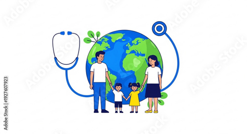Family standing in front of a healthy green blue earth globe with stethoscope