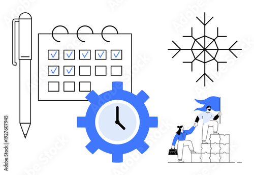 Goal setting, time management, collaboration, planning, efficiency, teamwork. Calendar with checkmarks, clock gear snowflake and two people collaborating. Time management and teamwork