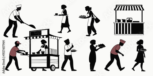 A diverse group of people engaging in various activities in a market setting Vector