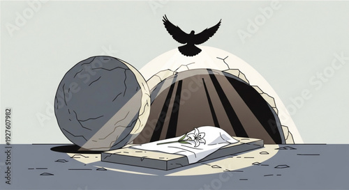 Easter tomb resurrection scene with dove flying overhead symbolizing peace and renewal