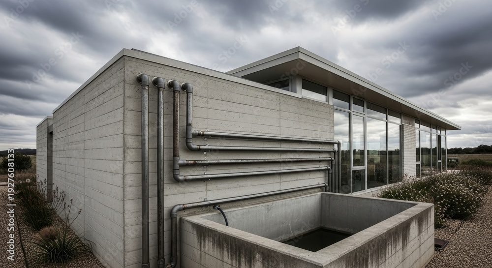 Fototapeta premium Modern Minimalist Building Exterior with Cloudy Sky.