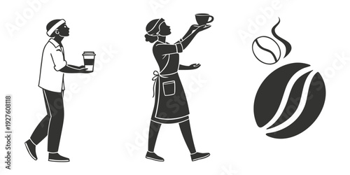 People walking with coffee cups and a coffee bean logo Vector