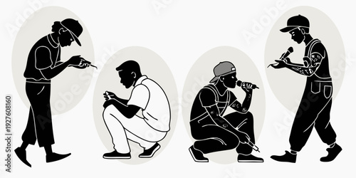 Four individuals engaged in various activities with a magnifying glass and a camera. Vector
