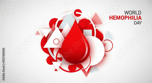 World hemophilia day awareness graphic with red blood drop and geometric shapes on white background
