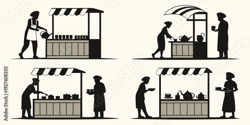 Group of people working in various street market stalls and shops Vector
