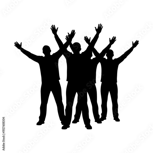 Silhouette of a group of people with arms raised in celebration.
