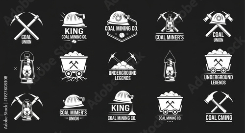Collection of vintage coal mining company logos and emblems in white color.