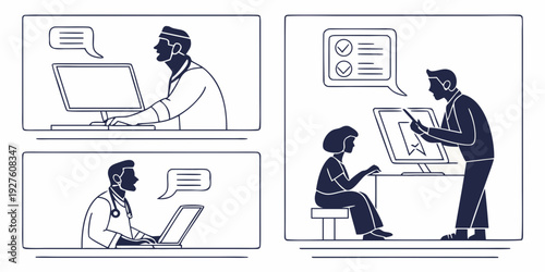 People working on laptops in a collaborative setting with digital interfaces Vector