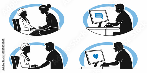 Four people engaging in different activities using computers and tablets. Vector