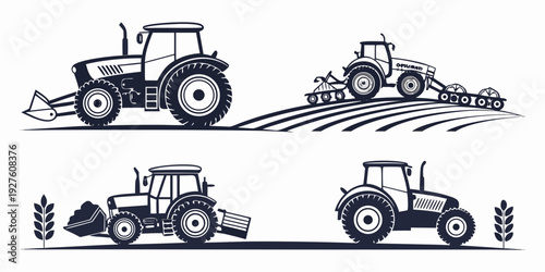 Agricultural machinery including tractors and farming equipment in action Vector
