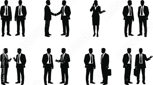 Set of business people silhouettes featuring professional men and women shaking hands talking and networking for corporate office teamwork concepts