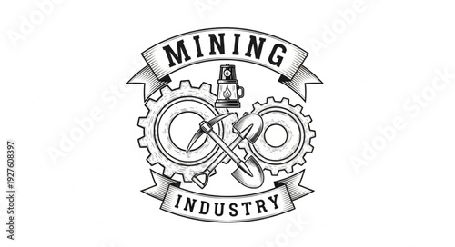 Mining Industry Emblem with Gears, Tools, and Ribbon Banner Design.
