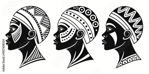 Three stylized profile views of a woman wearing a headwrap and earrings Vector