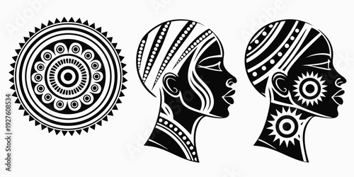 Three stylized faces with intricate patterns and designs on their heads Vector