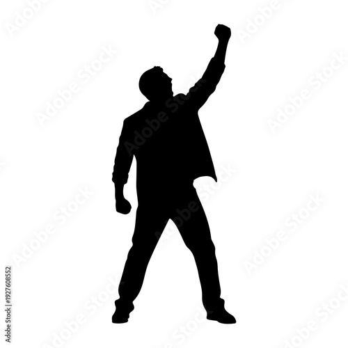 Silhouette of a man raising his fist in triumph.