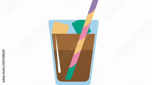 A colorful illustration of a glass with a straw and ice cubes on a plain background