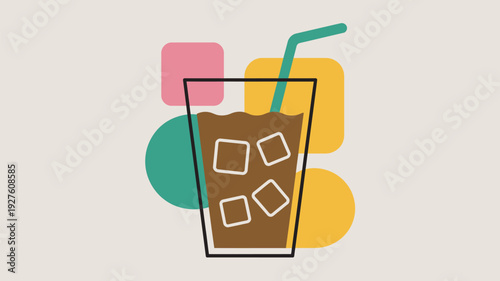 A colorful illustration of a cold drink with ice cubes and a straw on a beige background