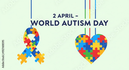 World autism day awareness puzzle ribbon and heart on colorful background