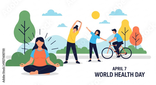 People engaging in fitness activities on world health day april 7 outdoors in a park with trees and sunny weather