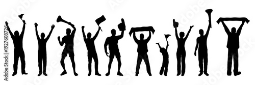 Black silhouette football fans cheering, celebrating, shouting, and raising hands with scarf, vector illustration for sports, victory, team spirit, celebration themes.