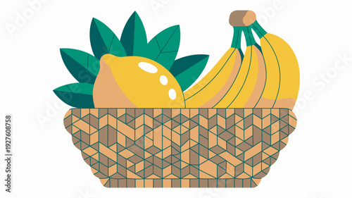 A vibrant illustration of a wicker basket filled with fresh fruit including bananas and pineapple