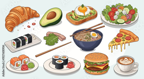 Assorted International Cuisine Including Sushi, Burgers, and Pastries.