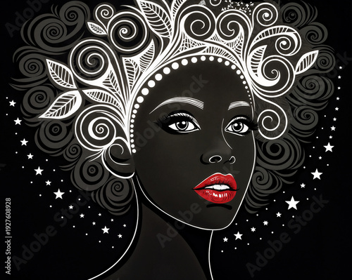 Black and white image of a woman with red lips, beauty salon, hairstyle