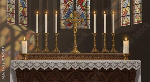 Elegant church altar with golden candelabras and white candles on a lace tablecloth
